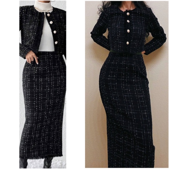 Dresses & Skirts - Classic Tweed Button Crop Jacket Midi Frayed Hem Skirt Set